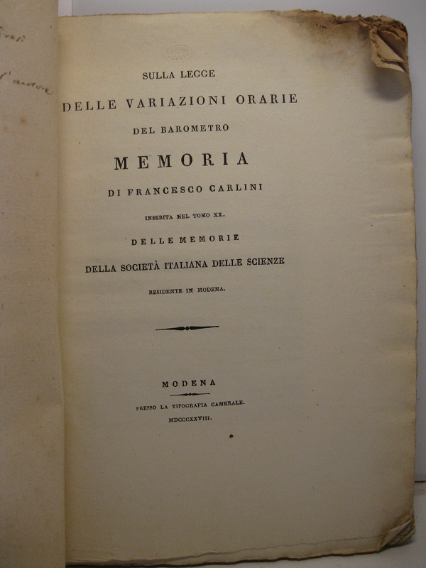 Sulla legge delle variazioni orarie del barometro. Memoria inserita nel tomo XX delle memorie della Società Italiana delle Sciemze residente in Modena